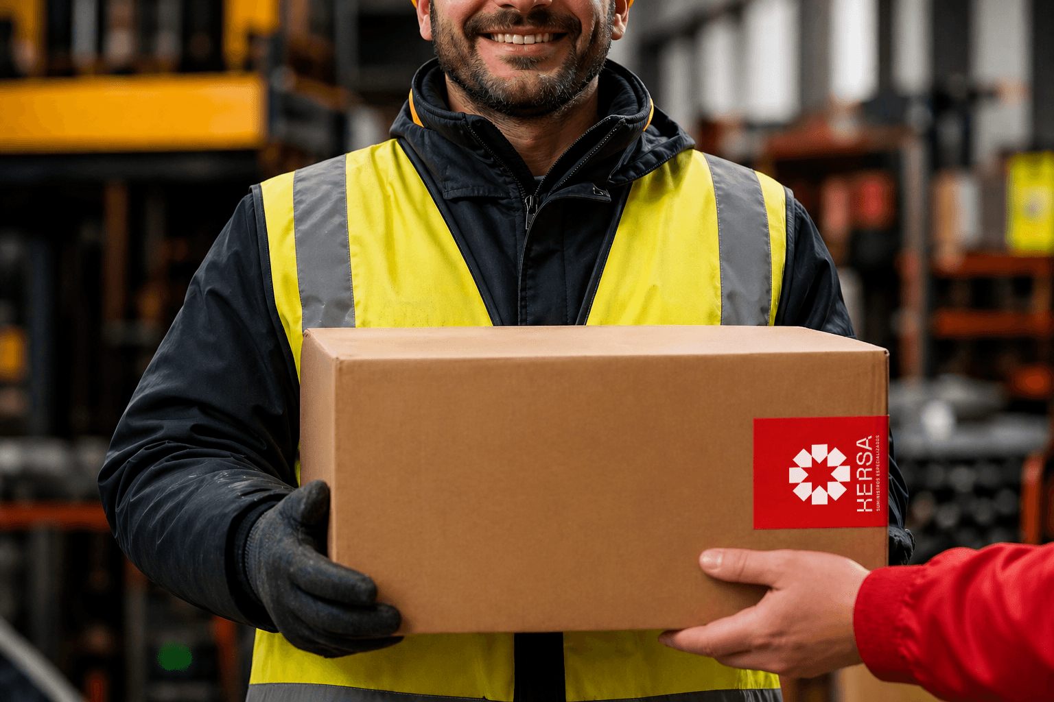 Entrega de material industrial con chaleco de seguridad